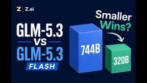 Side-by-side comparison chart of GLM 5.3 and Flash features.