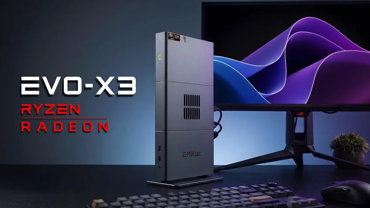 The GMKtec EVO X3 mini PC mounted on its vertical stand.