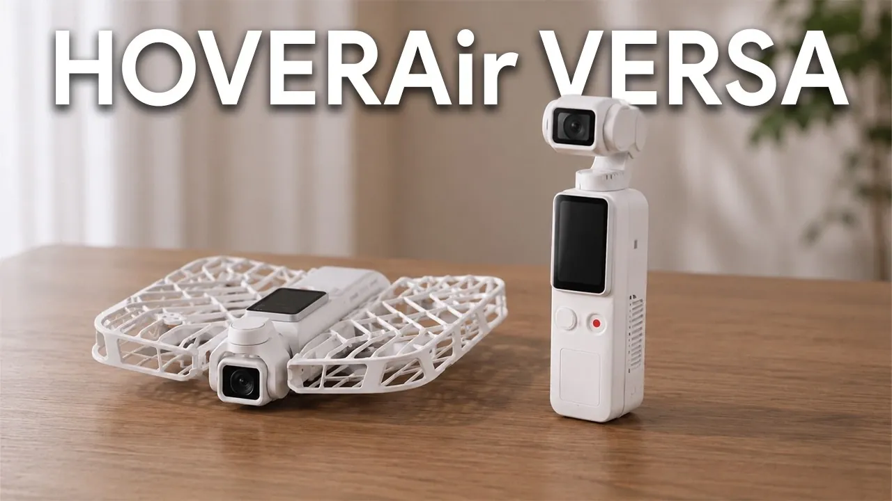 A person holding the compact HOVERAir VERSA hybrid camera.