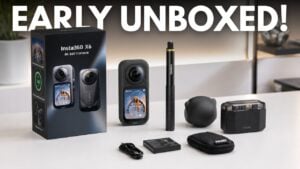 An Insta360 X6 camera next to its retail packaging and accessories.