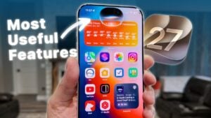 An iPhone displaying large full-screen widgets on the iOS 27 home screen.
