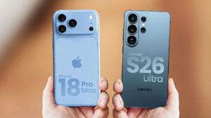 Side by side comparison of rumored iPhone 18 Pro Max and Galaxy S26 Ultra designs.