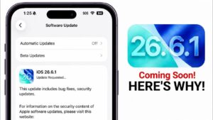 A person holding an iPhone while navigating through the system software update screen.