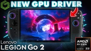 The Lenovo support website showing the latest GPU driver download link for the handheld console.