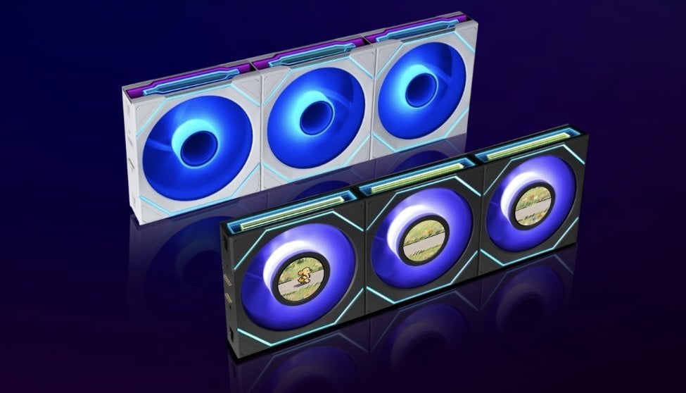 Three Lian Li Uni Fan Flex cooling fans interlocked together.