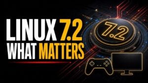 The Linux 7.2 kernel logo alongside code snippets displaying hardware compatibility updates.