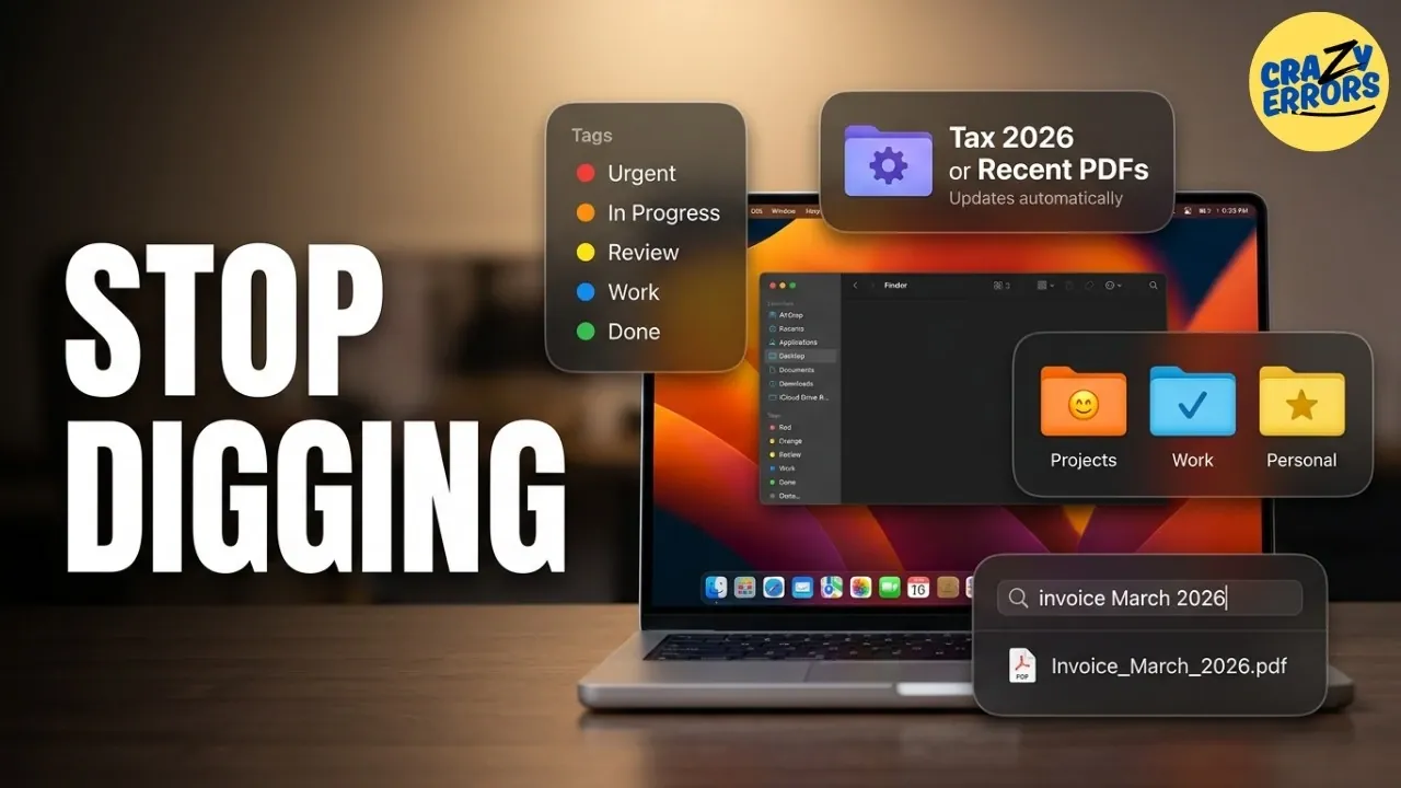 A Mac screen showing how to create a Smart Folder in Finder