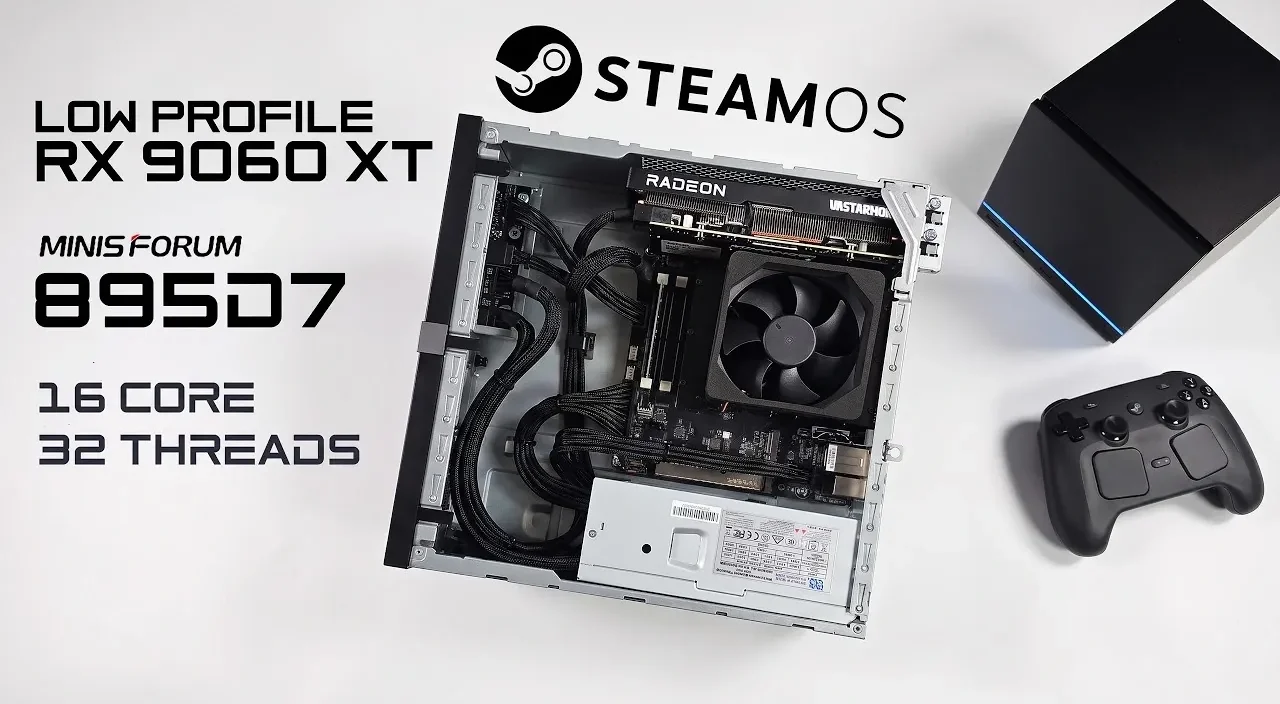 The low profile Radeon RX 9060 XT graphics card installed.