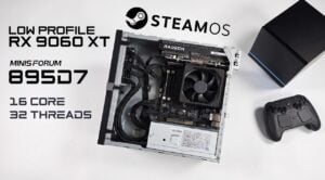 The Minisforum 895D7 small form factor gaming PC on a desk.