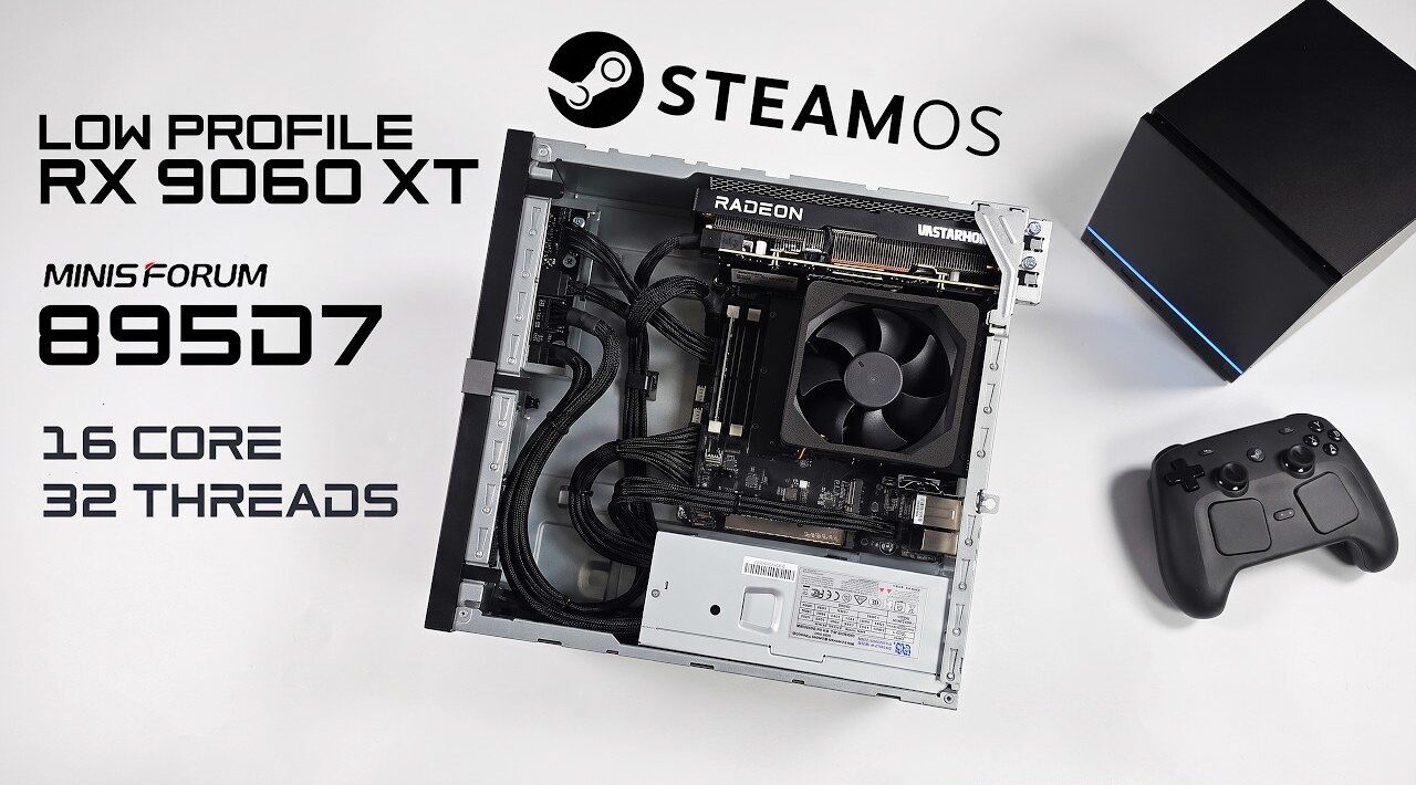 The Minisforum 895D7 small form factor gaming PC on a desk.