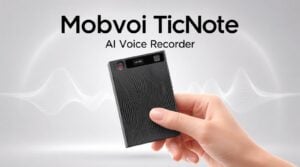 Mobvoi TicNote AI Voice Recorder next to a smartphone