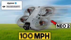 A heavily modified DJI Neo 2 drone hovering in mid-air.