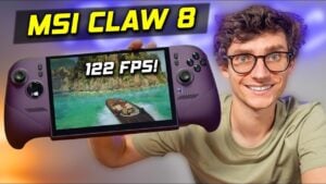 The MSI Claw 8 EX AI+ handheld gaming device resting on a desk.