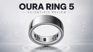 A close-up of the smaller Oura Ring 5 worn on a finger.