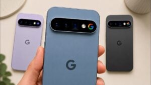 Google Pixel phone placed face down with the edges glowing cyan.