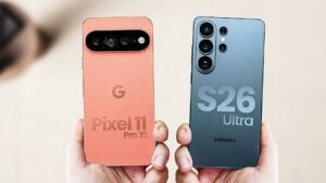 Side by side comparison of the Pixel 11 Pro XL and Samsung Galaxy S26 Ultra.