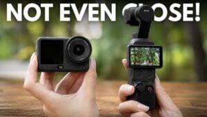 Side by side comparison of the DJI Pocket 4 and DJI Action 6 cameras.