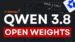 A laptop screen displaying the Qwen 3.8 model running locally.