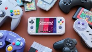 Front view of the Retroid Pocket Nova displaying a classic retro game.