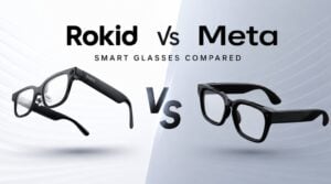 Black Rokid AI Glasses Style resting on a wooden table.
