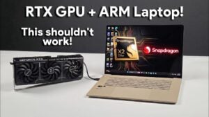An ASUS ZenBook 16 ARM laptop connected to an external RTX GPU.
