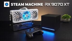 AMD Radeon RX 9070 XT external GPU connected to a dock.