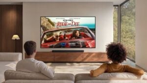 A 2026 Samsung television displaying a bright, high-contrast action scene.