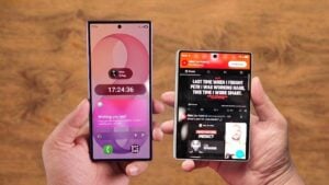 Side by side comparison of the Samsung Galaxy Z Fold 8 and Fold 8 Ultra displays.