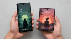 Concept render of a wider Samsung Galaxy foldable phone displaying a video
