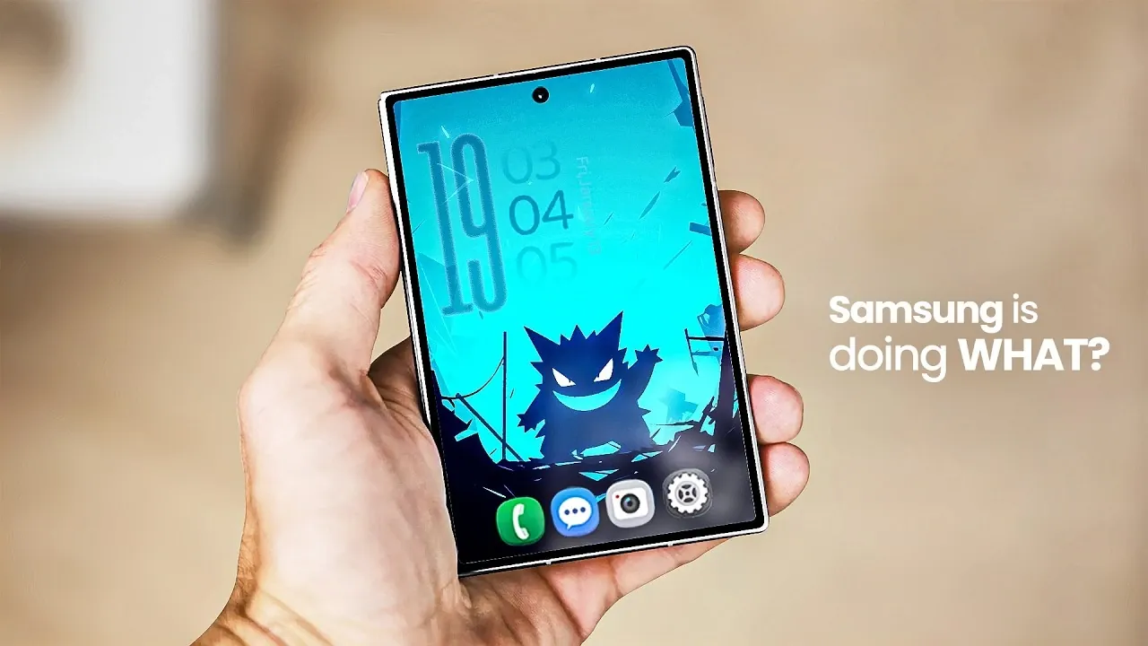 Five different wide and book-style Samsung foldable smartphones lined up.