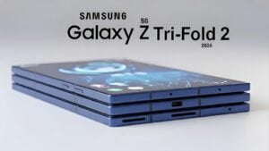 Concept render of a triple-folding Samsung smartphone resting on a desk