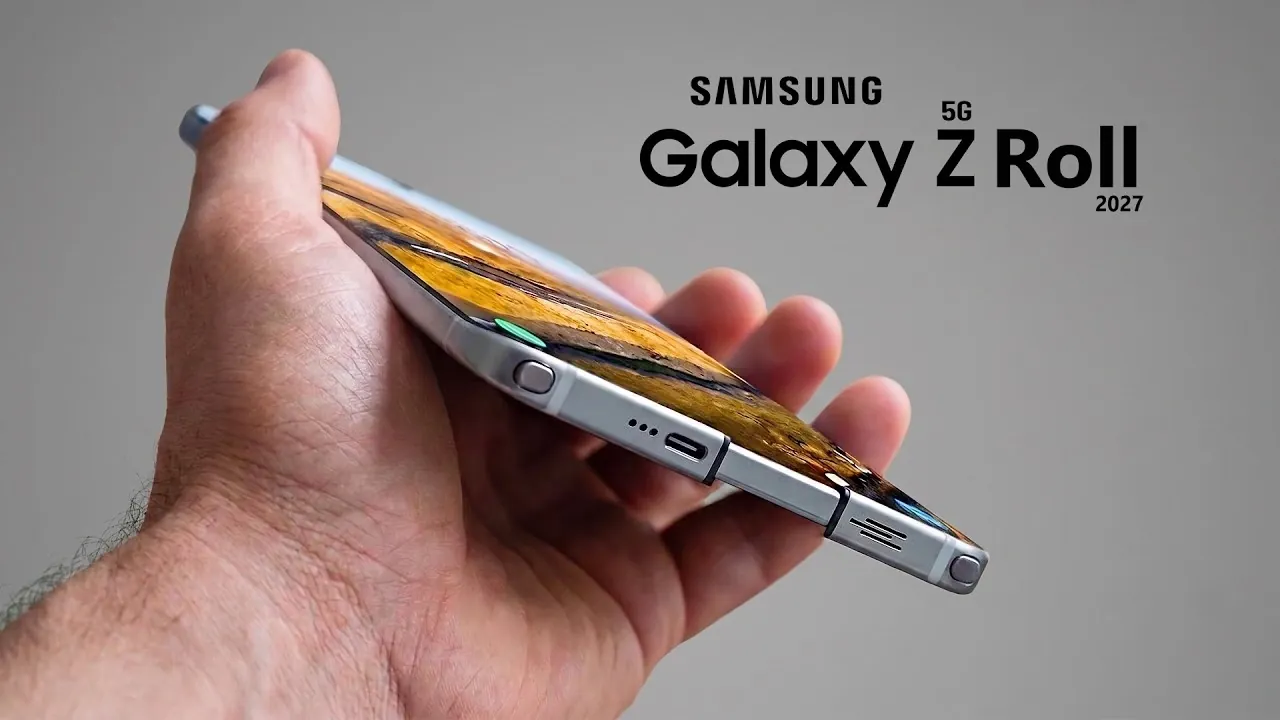 A person holding a conceptual Samsung phone with a rolled-out 10-inch screen.