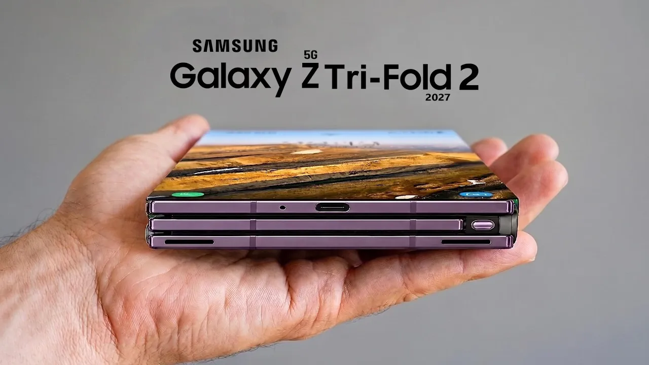 Close-up of the hinge mechanism on a triple-folding smartphone concept.
