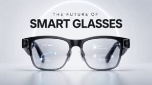 A person wearing lightweight augmented reality smart glasses.