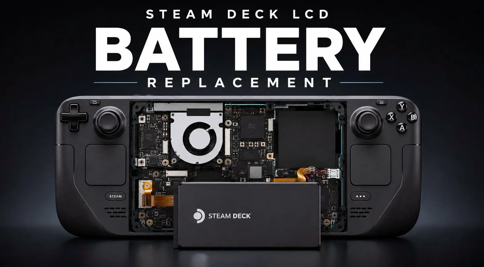 iFixit repair tools arranged next to an opened Steam Deck.