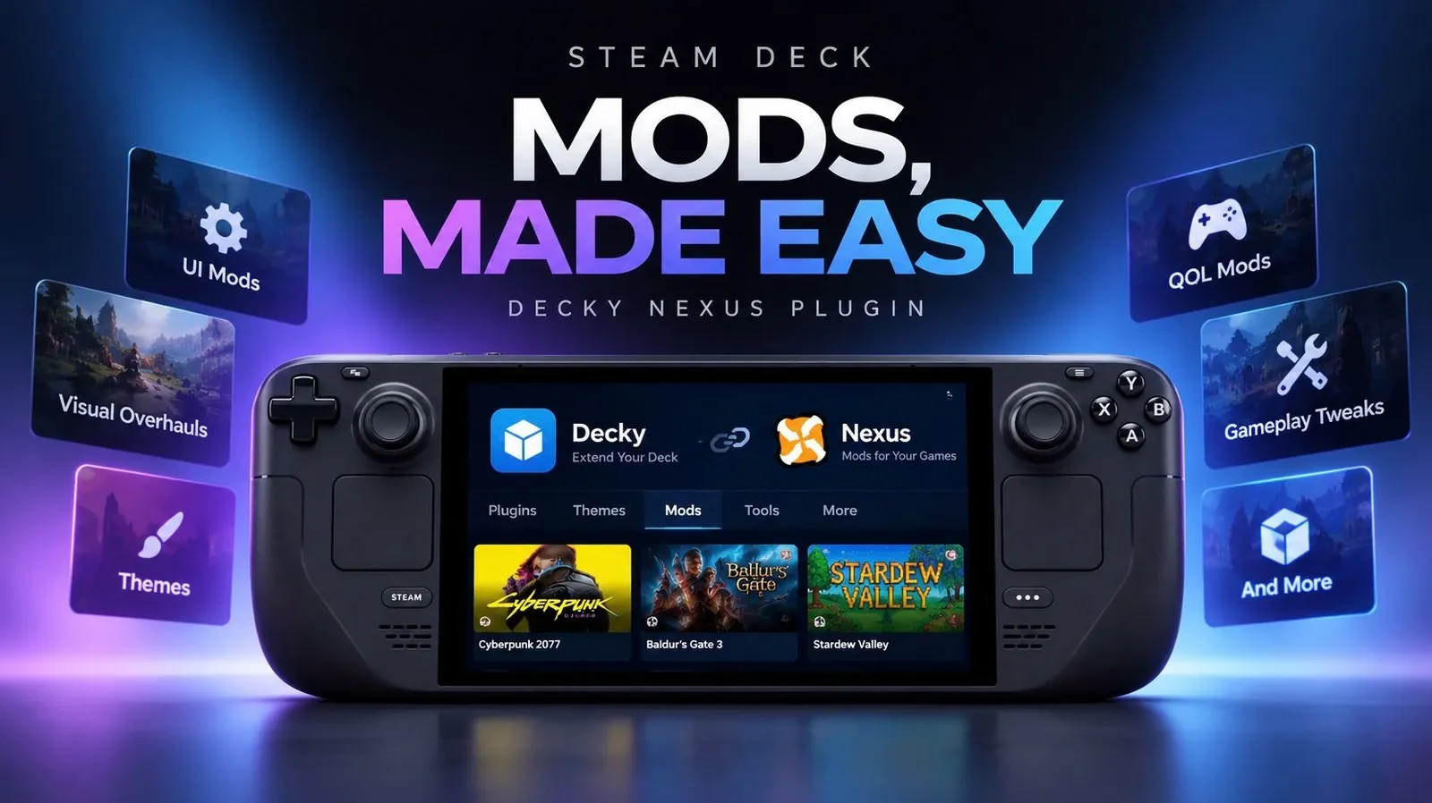 The Decky Nexus plugin menu shown on a Linux gaming handheld.
