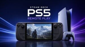 A Steam Deck running a PlayStation 5 game via the Asobi remote play app.