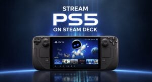 A Steam Deck displaying a PlayStation 5 game being streamed.