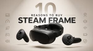 The front profile and strap design of the Valve Steam Frame VR headset.