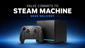 The Valve Steam Machine console displaying a game on screen.