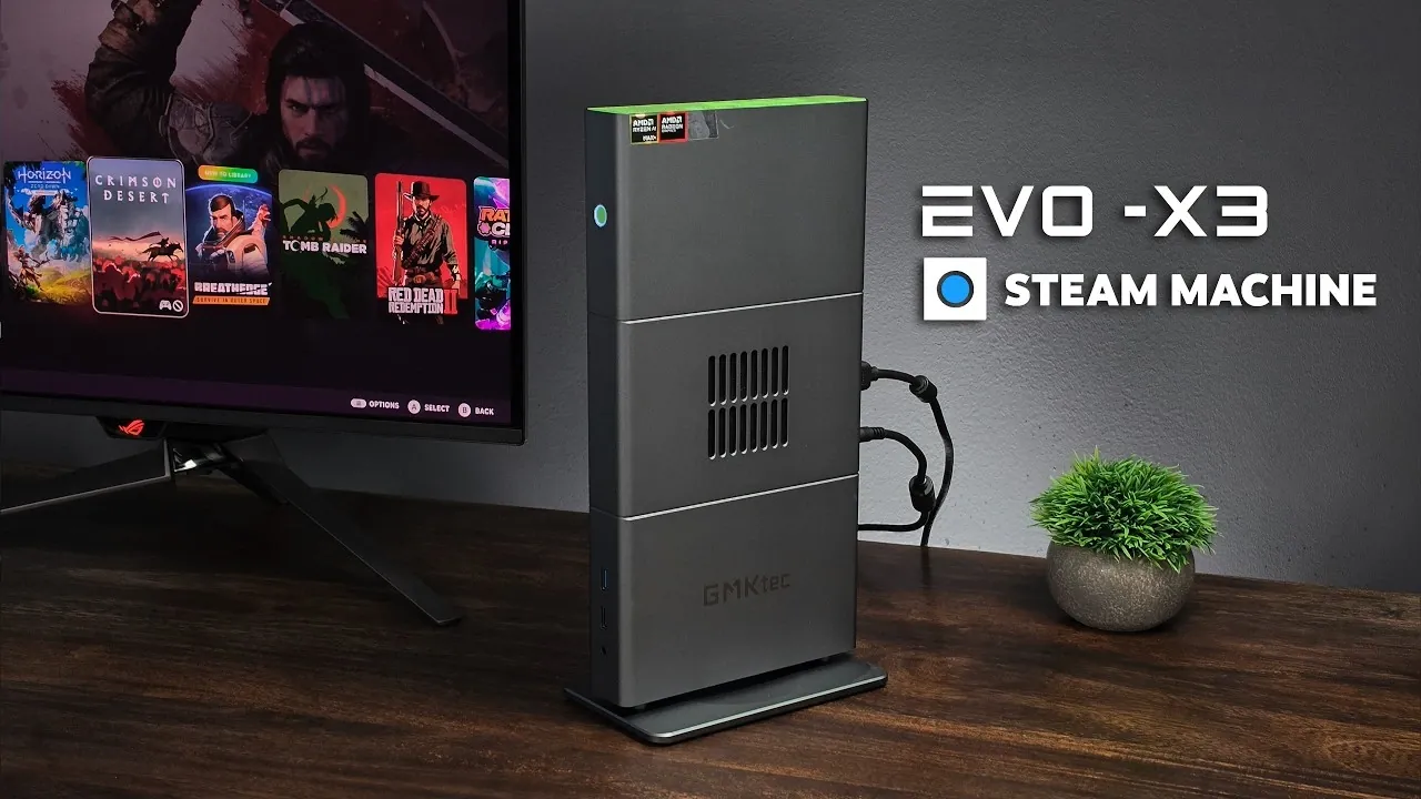 The GMKtec EVO X3 mini PC in its vertical orientation.