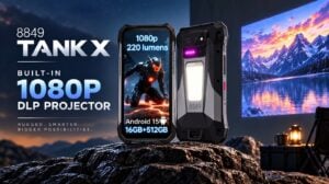 The front display and rugged reinforced corners of the Tank X smartphone.