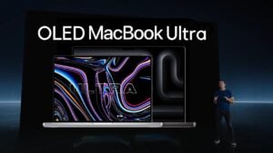 A conceptual rendering of a MacBook Pro featuring a touchscreen interface.