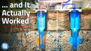 Diagram showing how underground aquifers store seasonal heat and cold.