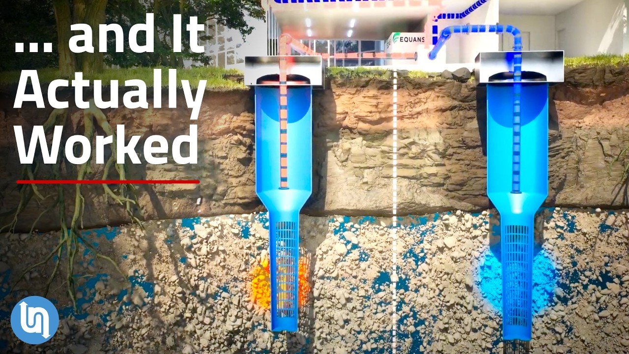 Diagram showing how underground aquifers store seasonal heat and cold.