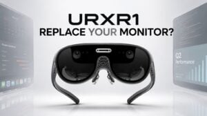 First-person view of a virtual multiple monitor setup displayed through smart glasses.