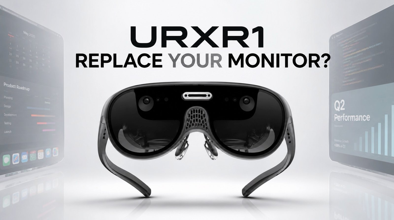 First-person view of a virtual multiple monitor setup displayed through smart glasses.