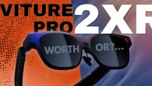 Person wearing the Viture Pro 2 XR glasses outdoors in bright sunlight.