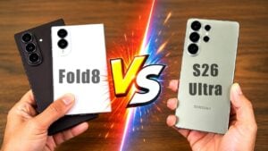 Side-by-side comparison of the Samsung Galaxy Z Fold 8 and S26 Ultra.