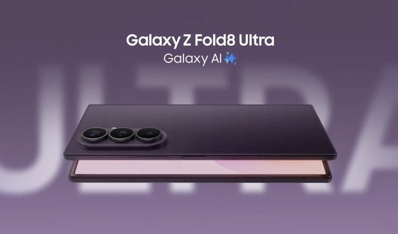 Samsung Z Fold 8 Ultra standing in Flex mode on a desk.
